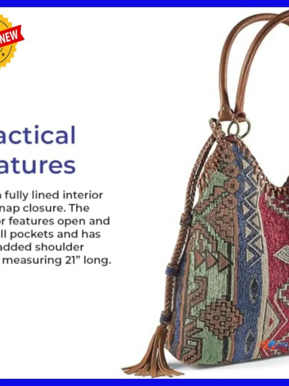 Slouchy Hobo Tapestry Shoulder Bag with Snap Closure and Pockets